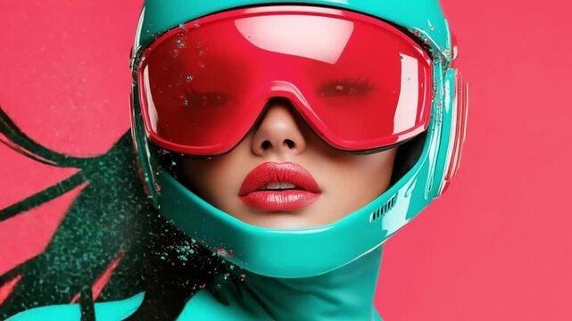 A model showcases striking ski attire, complete with oversized goggles and a colorful helmet, set against a vivid backdrop. The energy exudes modern winter fashion and bold self-expression