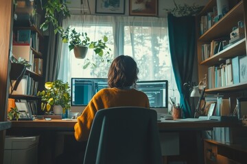 Woman sits at desk with dual monitors in home office surrounded by plants and bookshelves filled books