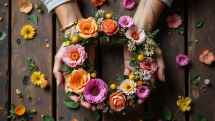 Fototapeta premium pair hands holding wreath flowers wreath various types flowers including roses daisies chrysanthemums shades pink orange yellow flowers arranged circular pattern around hands overlapping background