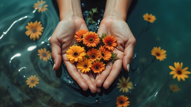 pair hands holding bunch orange flowers hands positioned way cupped together fingers slightly spread apart flowers small round yellow center orange petals floating body water small ripples visible