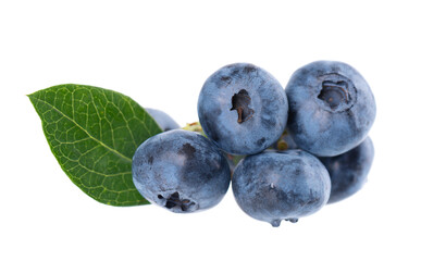 Fresh blueberry with green leaves, isolated on white background. Bilberry or whortleberry berries....