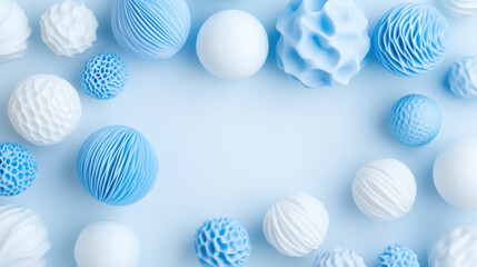Abstract blue and white spheres with textured surfaces on light background