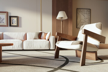 Large luxury modern bright interiors Living room mockup illustration 3D rendering image