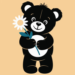 A charming cartoon bear holding a flower, showcasing a friendly and playful demeanor. This delightful illustration is perfect for children's products, greeting cards, or any design that requires a tou