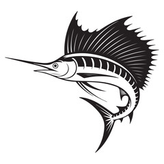 Striking black illustration of a stylized sailfish aquatic creature, Vector black silhouette. with white background