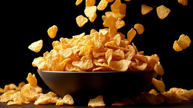 A bowl overflowing with crispy, golden snack chips, some are airborne against a dark background.