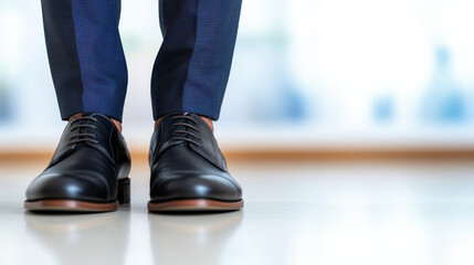 businessman wearing stylish black shoes and formal trousers stands confidently in modern office environment