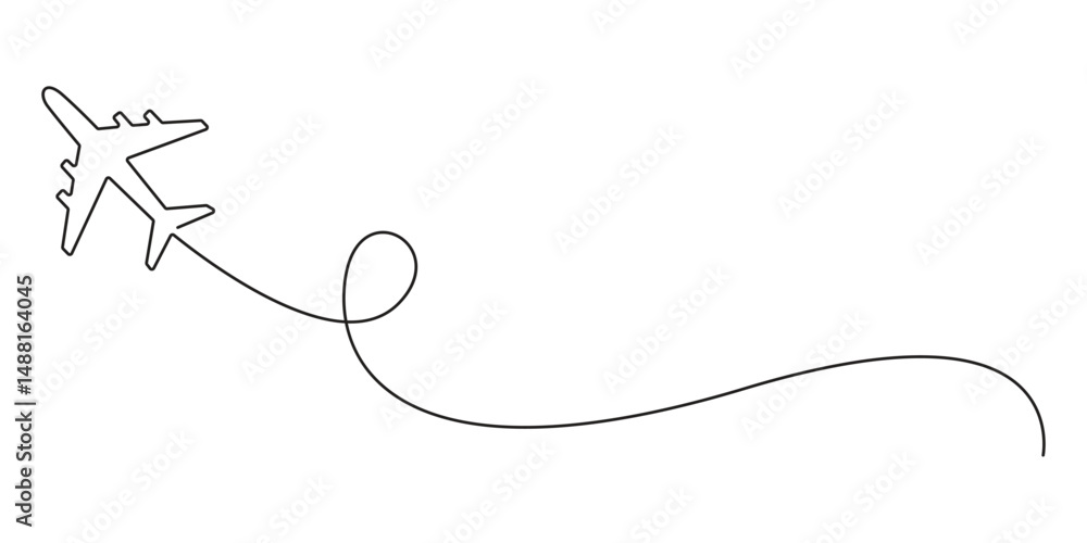 Poster airplane continuous single line art style vector with transparent background, airplane one line draw