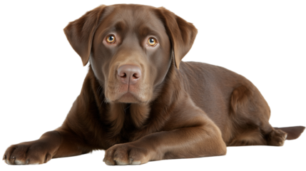 Chocolate Labrador retriever lying on white background