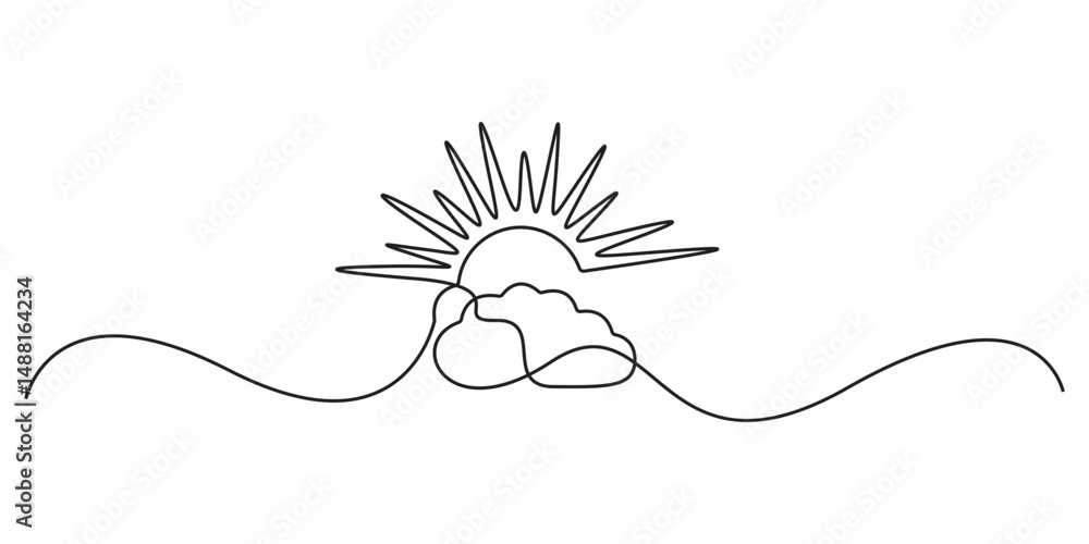 Poster sun and clouds, sun behind cloud simple one line drawing. single continuous line art style sun with 