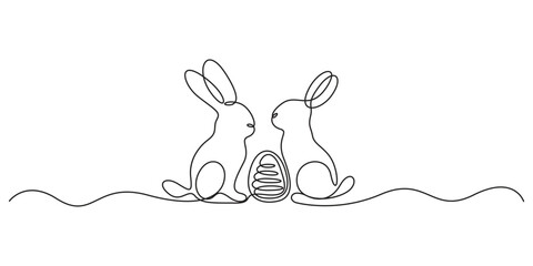 Continuous one line drawing of two cute rabbits. Single line drawing Easter bunny. Isolated on white background vector illustration