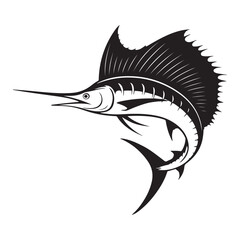 Striking black illustration of a stylized sailfish aquatic creature, Vector black silhouette. with white background