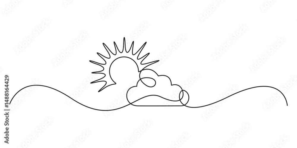 Poster sun and clouds, sun behind cloud simple one line drawing. single continuous line art style sun with 