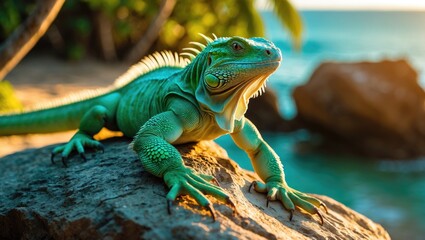 Portrait of an Iguana lounging on a rock at eco beach park