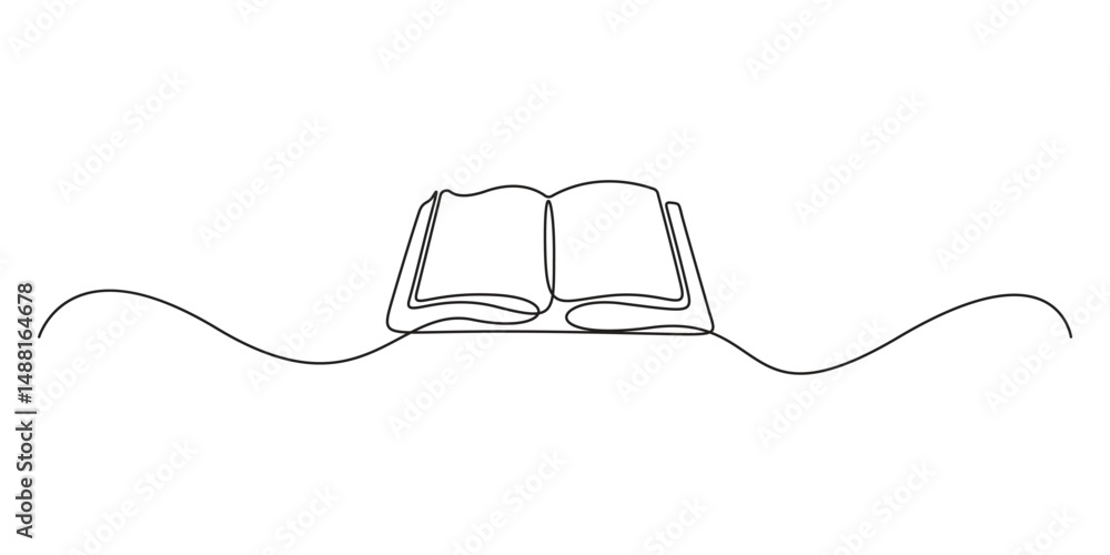 Poster single line drawing of opened book isolated on white background, continuous one line drawing of open