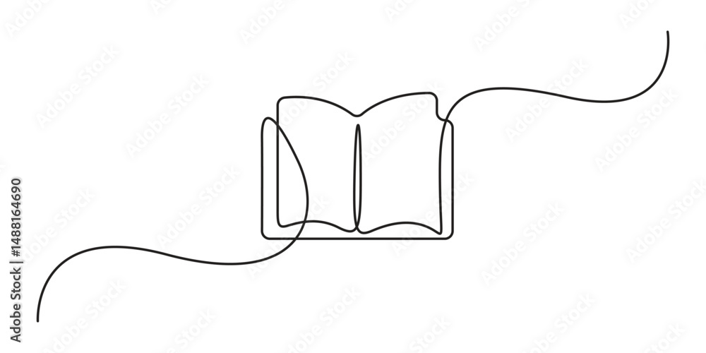 Poster single line drawing of opened book isolated on white background, continuous one line drawing of open