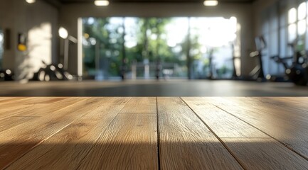 Sunlit wooden surface overlooking a blurred gym