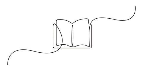 Obraz premium Single line drawing of opened book isolated on white background, Continuous one line drawing of opened book. Book outline vector illustration. Education, idea, school concept vector illustration