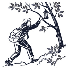 Adventurous woman reaching for lantern on tree, isolated illustration