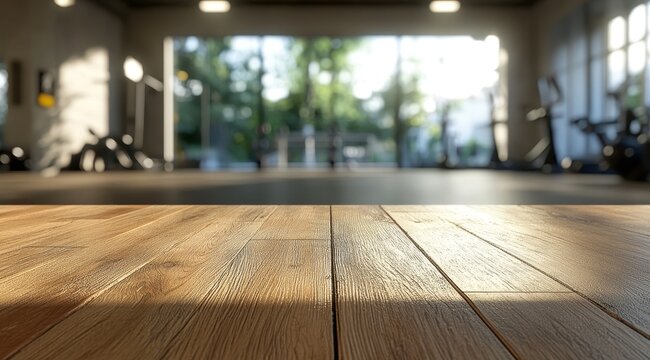 Sunlit wooden surface overlooking a blurred gym