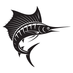Striking black illustration of a stylized sailfish aquatic creature, Vector black silhouette. with white background