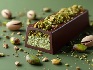 Decadent dark chocolate bar with pistachio filling and toppings