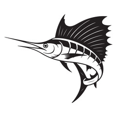 Striking black illustration of a stylized sailfish aquatic creature, Vector black silhouette. with white background