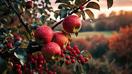 Water droplets on apples and red berries on a branch in overcast conditions, autumn countryside, macro photography