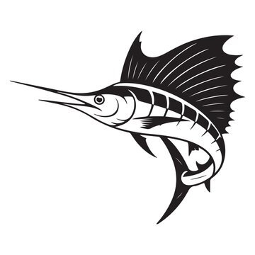 Striking black illustration of a stylized sailfish aquatic creature, Vector black silhouette. with white background
