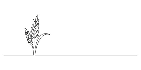 Continuous single line drawing of ripe ears of wheat in silhouette on a white background. Linear stylized, One line spikelet of wheat. Spikelet of a cereal plant. Flat minimal icon. Pro illustration
