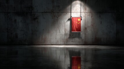 A factory epoxy texture background, shot from above, A china flag hanging in the back on a wall. inspired by factory floors, glossy finish, soft lighting