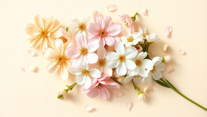Pastel spring flowers in peach, pink, and blue arranged in a whimsical flat lay on a creamy textured background. Scattered petals and leaves add elegance, with a soft glow of warm light.

