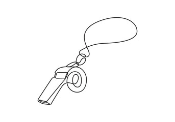 Sports whistle continuous one line art. Single line drawing of sport, coach, referee, activity, equipment, goal, play, game, blowing. Vector Illustration
