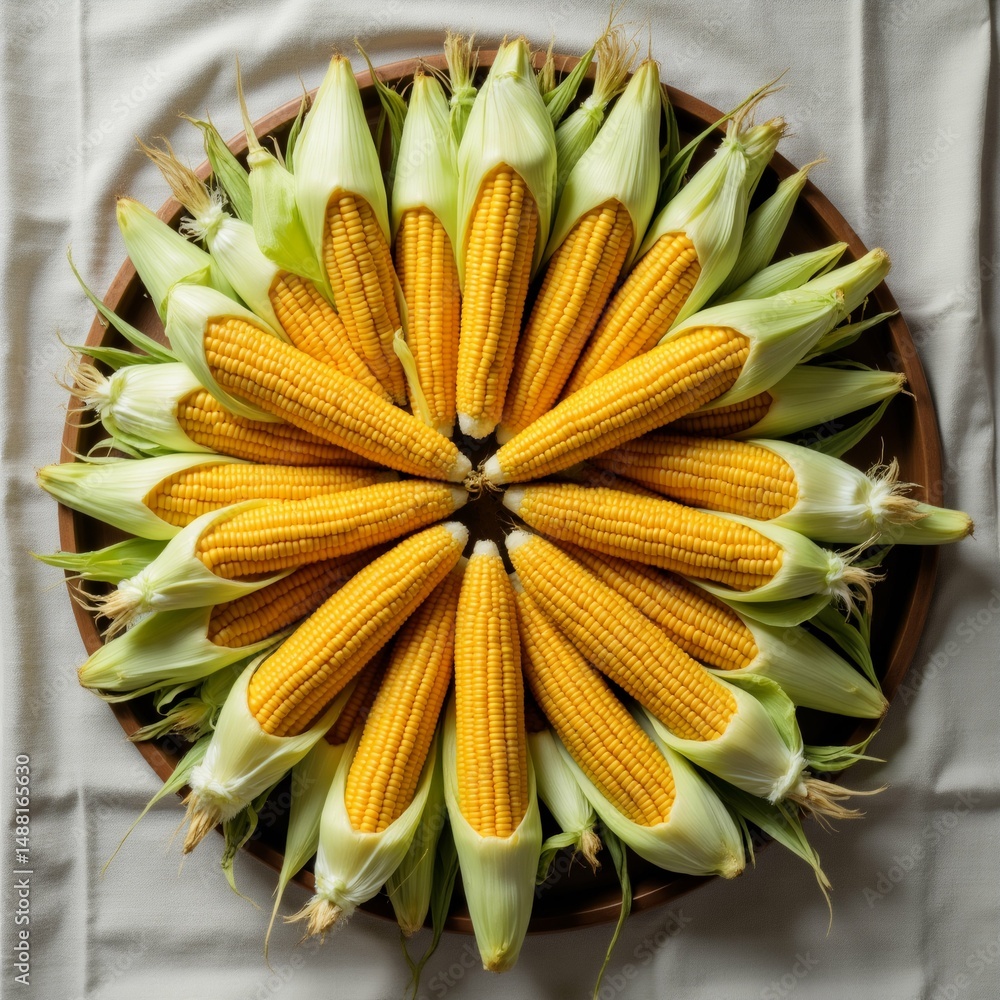 Poster circular arrangement corn cob wooden bowl corn arranged way kernels overlapping creating symmetrical