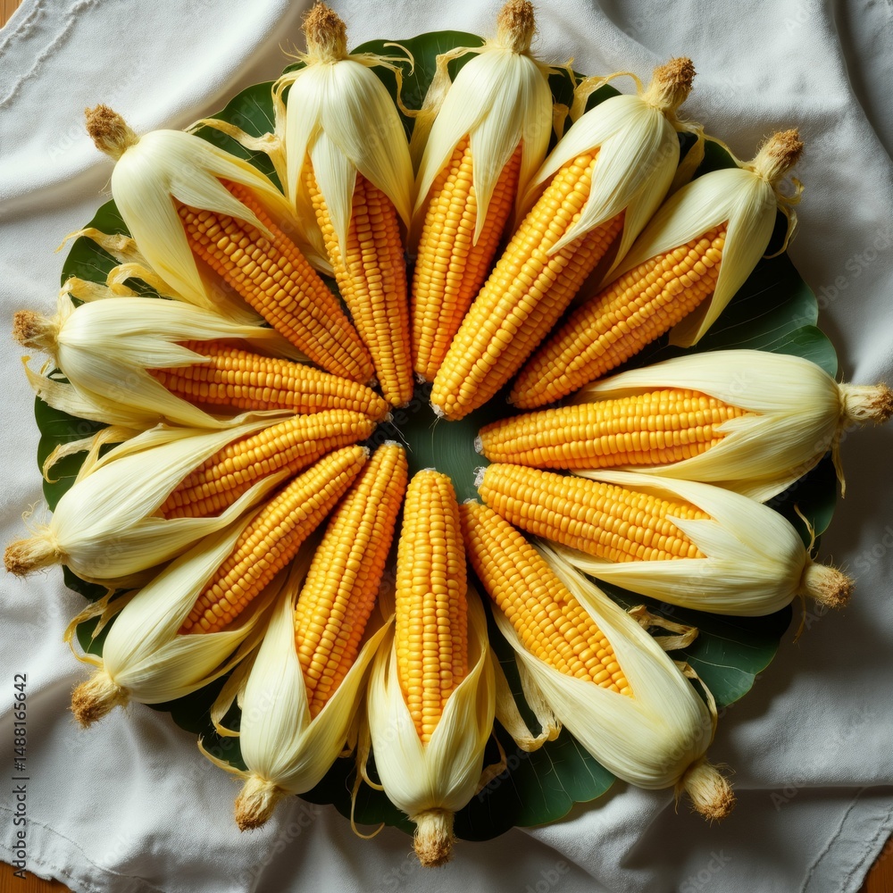 Poster circular arrangement corn cob corn arranged way overlapping creating symmetrical pattern kernels bri