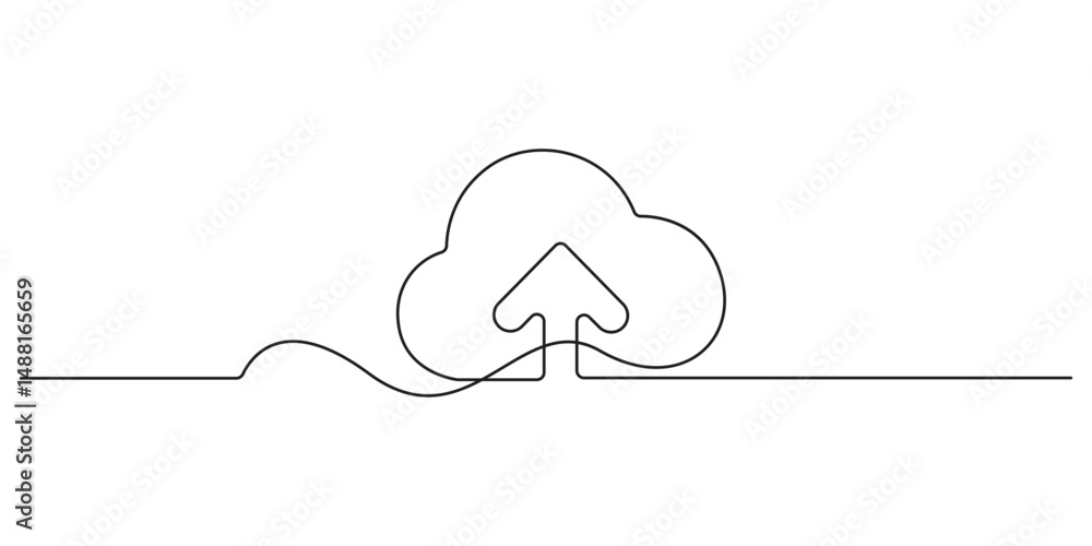 Poster continuous single line drawing of cloud storage silhouette. one line art cloud storage. cloud comput