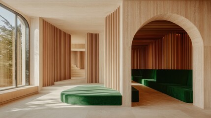 Modern, light-filled interior design with wooden panels and seating.