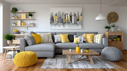 Modern Living Room Decor with Metropolis Dreamscape Wall Art and Yellow Accents