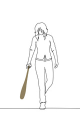 woman full length with disheveled hair walking with sledgehammer dragging it on the floor - one line art vector. concept female rage, aggressive woman