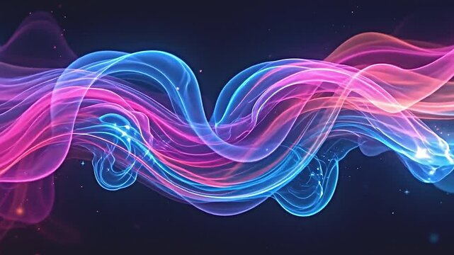 abstract glowing pink, cyan, and yellow pattern swirling in dynamic fluid motion, energetic waves flowing across a dark background, soft light glimmers creating a cosmic atmosphere high resolution