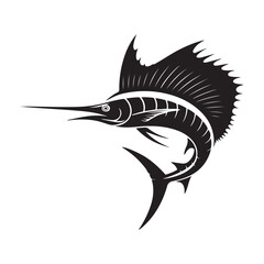 Striking black illustration of a stylized sailfish aquatic creature, Vector black silhouette. with white background