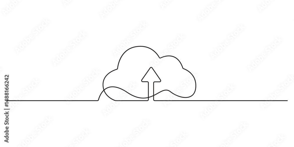 Poster continuous single line drawing of cloud storage silhouette. one line art cloud storage. cloud comput