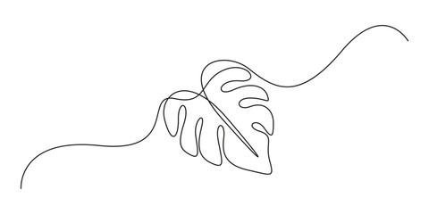 Monstera leaf continuous one line drawing and leaf icon isolated on white flat vector illustration, Single continuous line drawing monstera leaf vector illustration. Tropical leaf monoline design, min