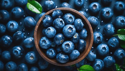 Healthy eating concept featuring a bowl of fresh blueberries with droplets of water. Viewed from above
