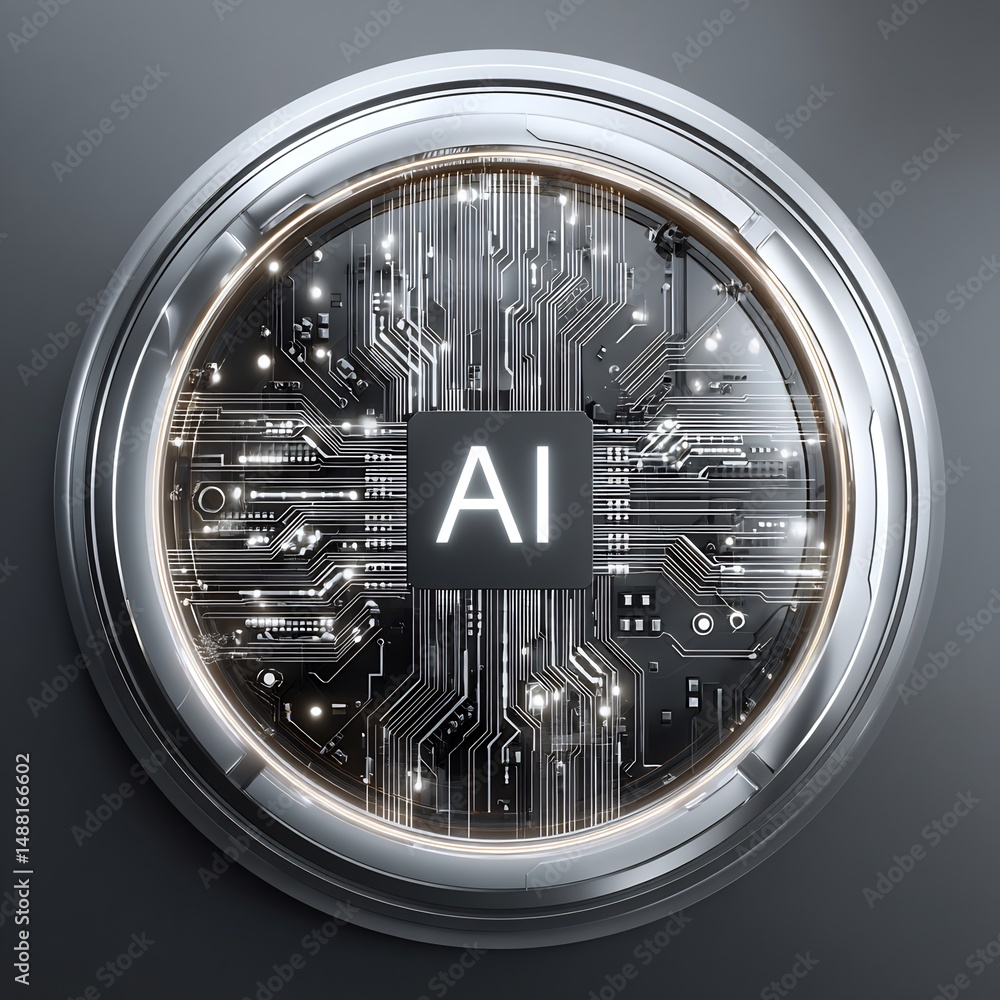 Poster artificial intelligence circuit board encapsulated in a polished metallic frame