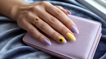 Wanddecoratie Nagelstudio Stylish woman showcases lavender and yellow manicure featuring a sunflower while holding a wallet  © TrendyImages