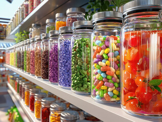 Colorful shelf filled with jars of candy in a kid-friendly design creating a playful atmosphere