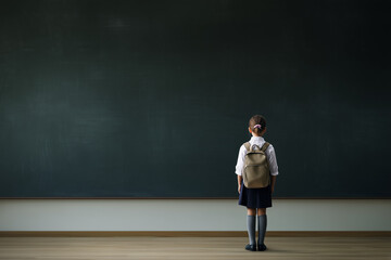 Student in School Uniform Standing in Front of Blackboard