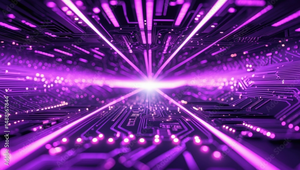 Poster purple-pink printed circuit board panoramic texture. computer technology background featuring blockc