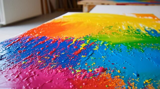 Abstract expressionism created with thick colorful paint splatters, vibrant acrylic paint on a canvas surface, macro art studio shot